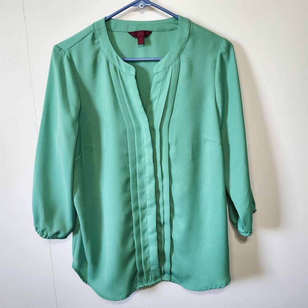 212 Collection Green Blouse Medium 3/4 Sleeve Pleated Front Top Office